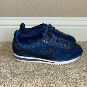 Navy Blue Denim-Style Cortez Sneakers with Swoosh Accent